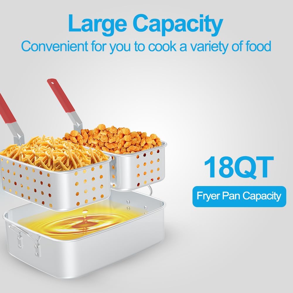 FireRiot 18QT Aluminum Deep Fryer Pot with Baskets & Heat-Resistant Silicone Handles - Lightweight & Durable Fish Fryers Outdoor Cooking - Rectangular Fish Fryer Basket for Outdoor Fryer 18QT Pot