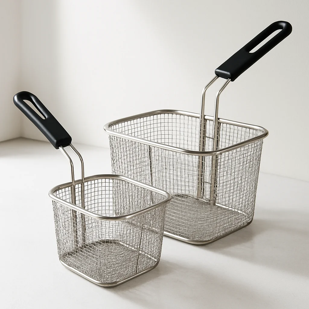 Close-up of a heavy-gauge stainless steel twin fryer basket set resting on the edge of a commercial countertop deep fryer, golden-fried food visible inside, professional kitchen tiles in the background